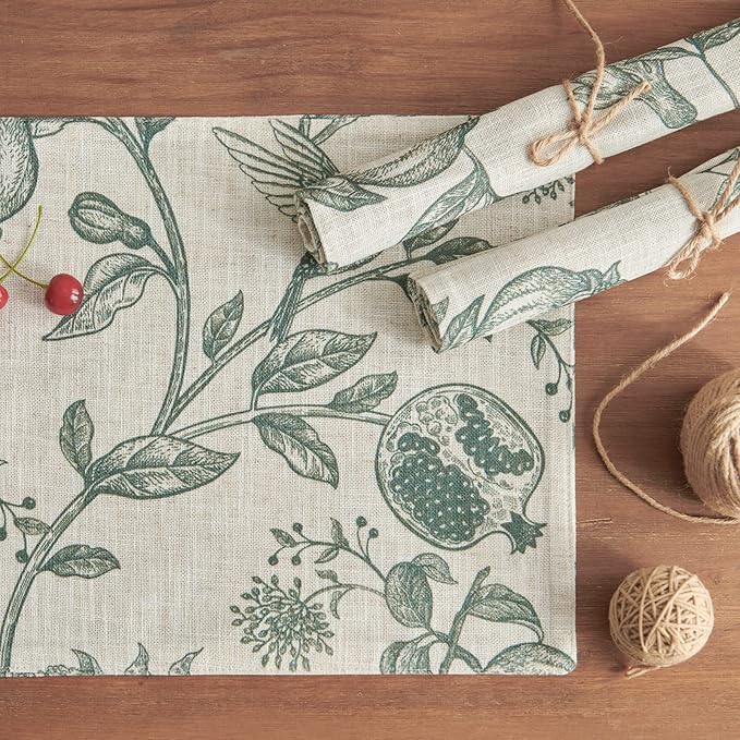 JINCHAN Linen Floral Placemats Set of Cloth Table Mats Rustic Cottagecore Botanical Outdoor Seasonal for Kitchen Dining Decor Heat Resistant Non-Slip Washable Tablemats 13x19 Inch Dark Green