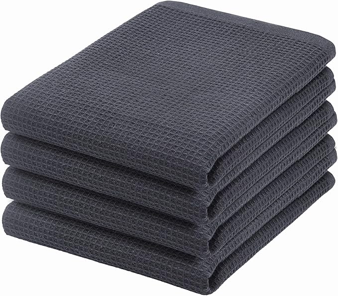 PurpleEssences Waffle Weave Kitchen Towel, 100% Cotton - 15x25 Inches with Hanging Loop, Ultra Soft Absorbent Quick Drying Dish Cloth, Tea and Hand Towels, 4 Pack - Spring Easter Summer - Dark Grey