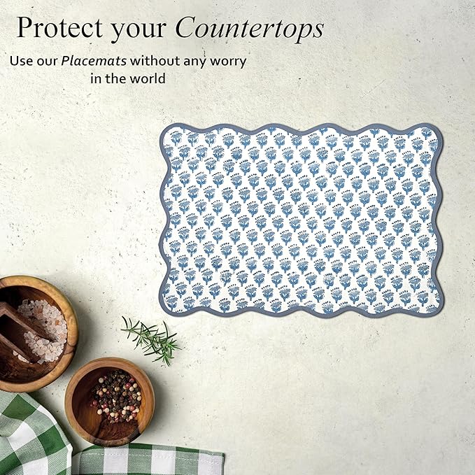 CPC Cotton Placemats Apatite Blue Set of 4-Hand Block Printed Reversible Placemats, Flower Scalloped & Embroidered Cloth Table Mats - 14 x 20 inch Gift for Spring, Mother's Day