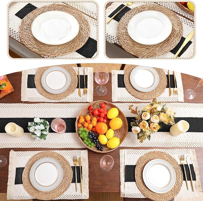 Boho Placemats 4/6/8 Set of Round Woven Placemat Macrame Style Bicolor Stitching Long Table Runner Farmhouse Rustic Natural Burlap Cotton for Kitchen Dining Table(6 Sets,Black A,12x72)