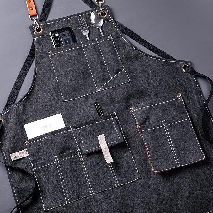 Aoomzoon Canvas Aprons for Men Chef Apron, Work Apron with Large Pockets - 16oz Heavy Duty Cross Back, BBQ, Cooking