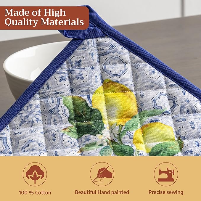 Maison d' Hermine Pot Holders 100% Cotton Heat Resistant Potholders 8" x 8" Hot Pads with Loop BBQ Cooking Baking Gifts for Mothers Day Handling Hot Pans Spring/Summer (Pack of 2, Citrus)
