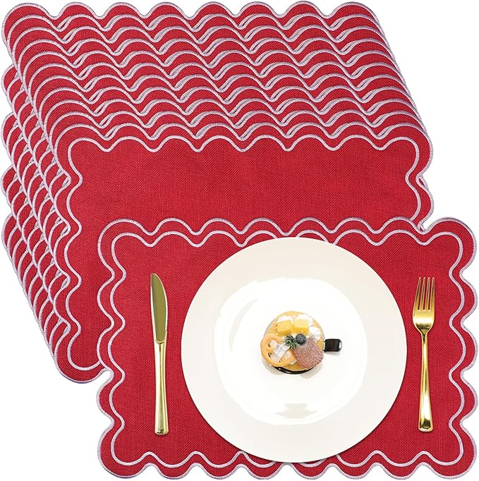 Linen Placemats Set of 12 Scalloped Placemat 13 X19 Wavy Embroidery Double Layered Washable Farmhouse Dinner Fabric Table Mat Napkin for Wedding Party Christmas Hotel Restaurant(Red)