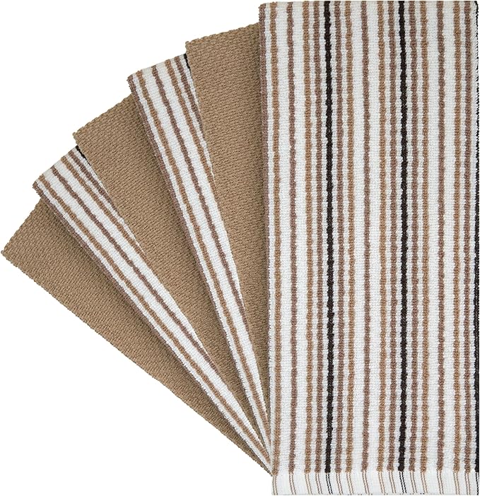 Kitchen Towels 16”x 26” - 6 Pack | Large Cotton Dish Towels | Popcorn Stripe Design | 430 GSM Highly Absorbent with Hanging Loop | Tan