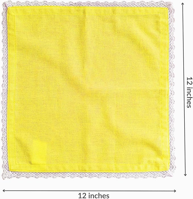 Fingercraft Dinner Cloth Napkin Cotton Linen Blend 12 Pack 12In Mitered Corners with Elegant Lace for Everyday Use Napkins Cloth are Pre Shrunk and Good Absorbency Yellow