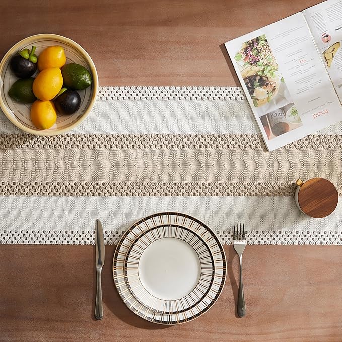 ZeeMart Macrame Style Bicolor Stitching Table Runner, 14 x 36 Inch Taupe/Ivory, Boho Beige Table Runners 36 Inches Long, Farmhouse Woven Home Decor