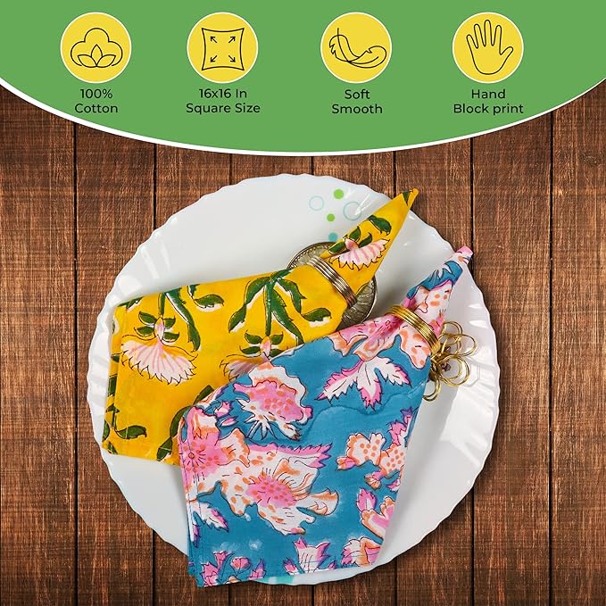 DIYANAIMPEX 10 Pc Cotton Cloth Napkins Hand Block Print Hand Made Size 16x16 Inch Printed Home Decor Indian Eco Friendly Mix Lot Dinner Napkins (Multicolor)