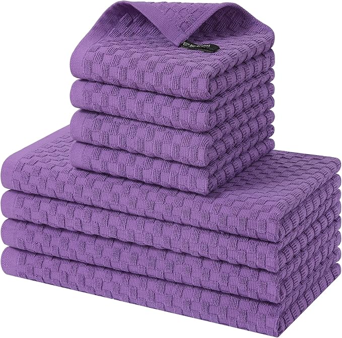 Homaxy 100% Cotton Kitchen Towels and Dishcloths Set, 12 x 12 & 15 x 25 Inches, Set of 8 Bulk Terry Cloth Dish Towels, Super Soft and Absorbent Hand Towel with Hanging Loop, Purple