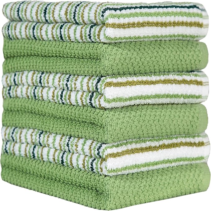 Sage 16'x 26' Cotton Kitchen Towels - 6 Pack | Popcorn Stripe Design | 400 GSM Highly Absorbent Tea Towels Set with Hanging Loop