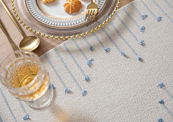 Boho Table Runner 13 x 60 Inch Long Natural Cotton Woven Runner with Tassels for Home Dining Table décor, for Modern Farmhouse Decor Coffee Table Runner, Light Blue and Beige