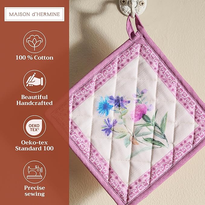 Maison d' Hermine Pot Holders 100% Cotton Heat Resistant Potholders 8" x 8" Hot Pads with Loop BBQ Cooking Baking Gifts for Mothers Day Handling Hot Pans Spring/Summer (Pack of 1, Chardon)