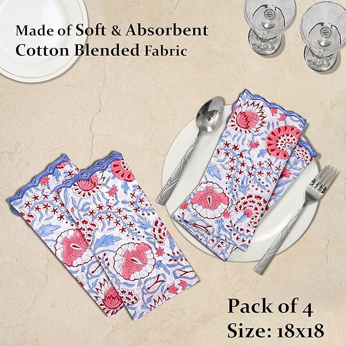 Ridhi Hand Block Print Pigeon Blue 18" x 18" (Set of 4) Embroidery Table Napkins Reusable Cotton Dinner Napkins for Weddings, Parties, Everyday Dining Gift for Spring, Easter, Valentine