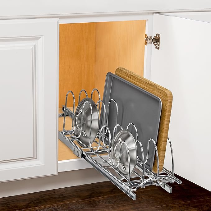 LYNK PROFESSIONAL® Pull Out Pot and Pan Lid Organizer Under Cabinet - Lifetime Ltd. Warranty – Cookie Sheet Organizer for Cabinet – Narrow Slide Out Baking Sheet Organizer Drawer – 7.25W x 21D, Chrome