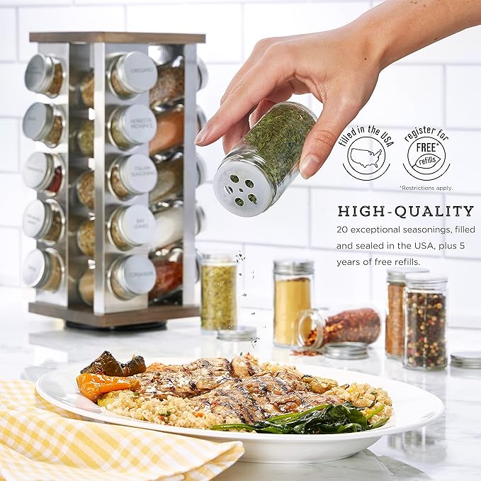 Kamenstein 20 Jar Vintage Spice Rack with Spices Included, Revolving Countertop Spice Organizer with Glass Jars, Labeled Caps, Removable Sifter Discs, and Free Refills for 5 Years
