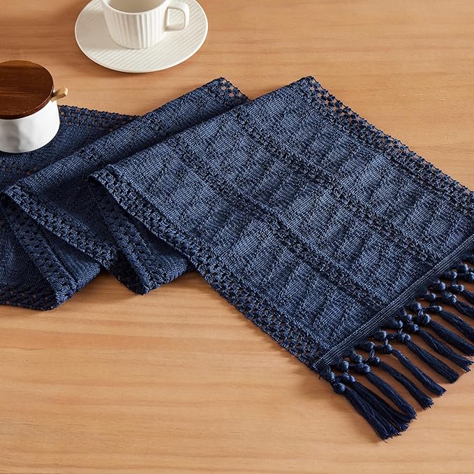 ZeeMart Macrame Style Boho Table Runner, Navy Table Runners 72 Inches Long, Farmhouse Woven Home Decor, 12x72 Inch, Navy Blue
