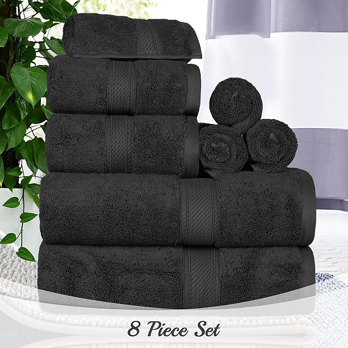 Superior Egyptian Cotton 8-Piece Solid Towel Set, Washcloths 13” x 13”, Hand Towels 20” x 30”, Bath Towels 30” x 55”, Black, 8-Pieces by Superior