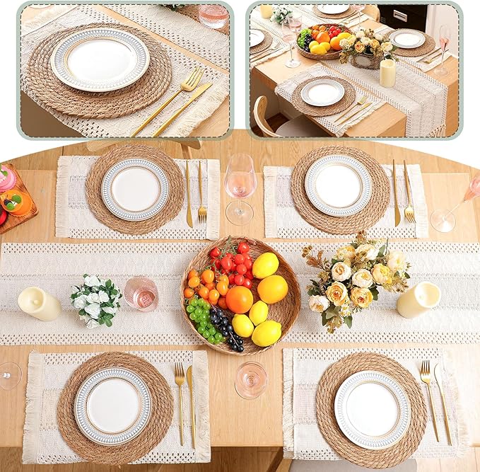 Boho Placemats 4/6/8 Set of Round Woven Placemat Macrame Style Bicolor Stitching Long Table Runner Farmhouse Rustic Natural Burlap Cotton for Kitchen Dining Table(6 Sets,Beige,12x72)