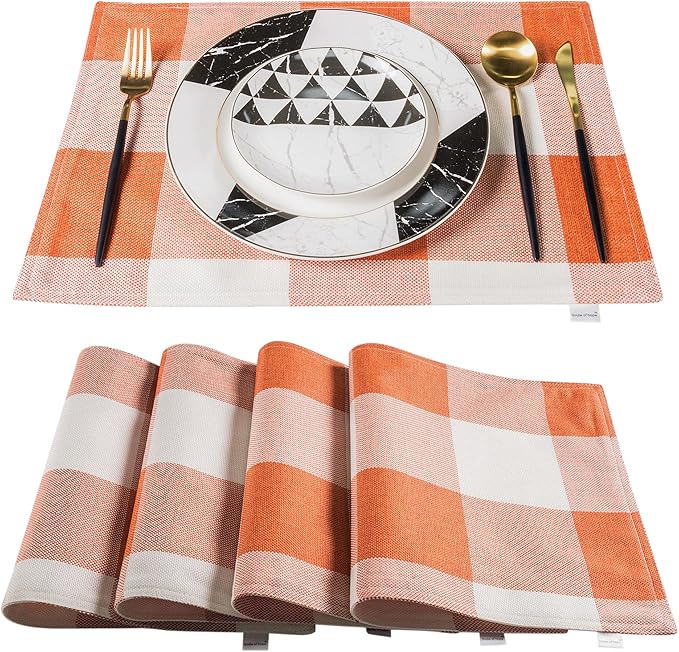 Orange Placemats Set of 4, Linen Buffalo Plaid Double Layer Spring Placemats Check Kitchen Table Mats,Waterproof Heat Resistant Durable Cloth Washable Placemat 13 x 19 Inches