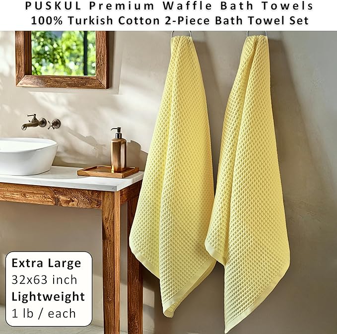 PÜSKÜL Natural 100% Turkish Cotton Waffle Bath Towels Set of 2-Piece | 32x63 Extra Large Absorbent Quick-Dry Lightweight Spa Towel | Decorative Guest Bathroom Towel (Yellow Bath Towels - Pack of 2)