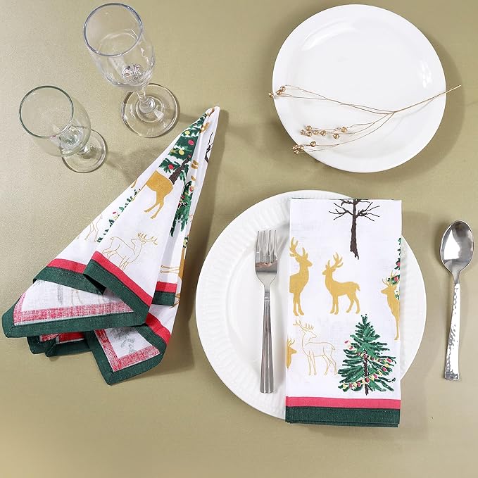 FINGERCRAFT Cloth Napkins, Set of 4 Cotton Linen Blend Printed Dinner Napkins Cloth Mitered Corner Perfect for Parties Dinners Christmas 20x20 Jingle