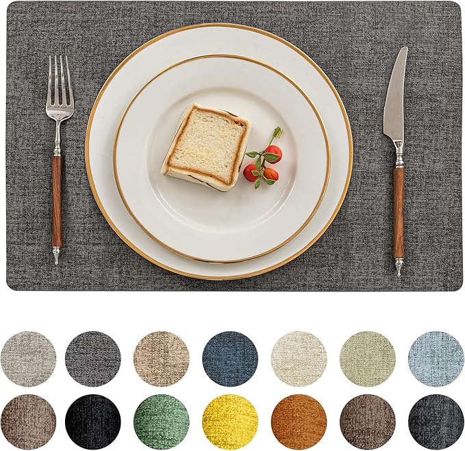 Romanstile Vinyl Placemats Set of 4-12 X 17 Inch - Faux Leather 100% Waterproof Oil-Proof Wipeable Place Mats, Heat Resistant Reversible PU Table Mats for Kitchen Dining Party Outdoor, Dark Grey