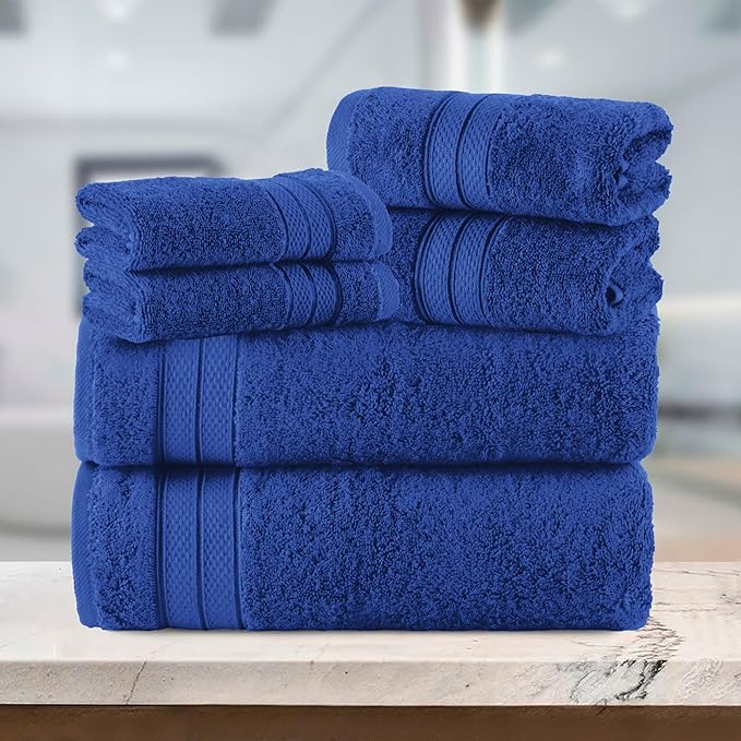 Elegant Comfort Luxury 6-Piece Towel Set, Premium Soft 100% Turkish Cotton, Three Line Popcorn Design 2 Bath Towels, 2 Hand Towels and 2 Washcloths Towel Set - Quick-Drying and Absorbent, Cobalt Blue