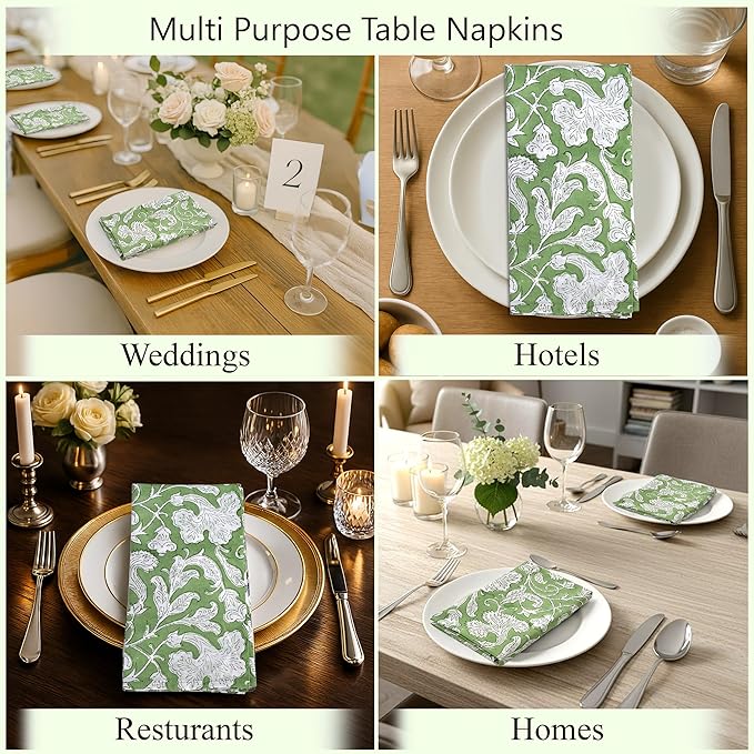 Ridhi Sage Green Hand Block Print 100% Cotton Napkins 18" x 18" (Set of 4) Reuseable Kitchen Napkins Cloth Decor Dinner Party Wedding Cocktail Gift for Spring, Easter, Valentine