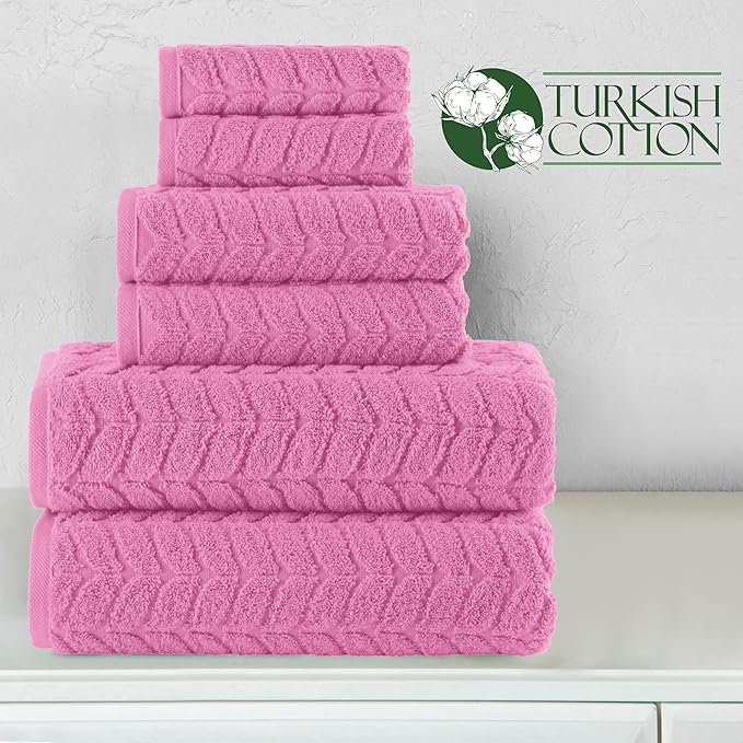Elegant Comfort Luxury 6-Piece 100% Turkish Cotton Jacquard Braided Textured Premium Hotel Quality Towel Set– Soft and Absorbent, Includes 2 Bath Towels, 2 Hand Towels and 2 Washcloths, Light Pink
