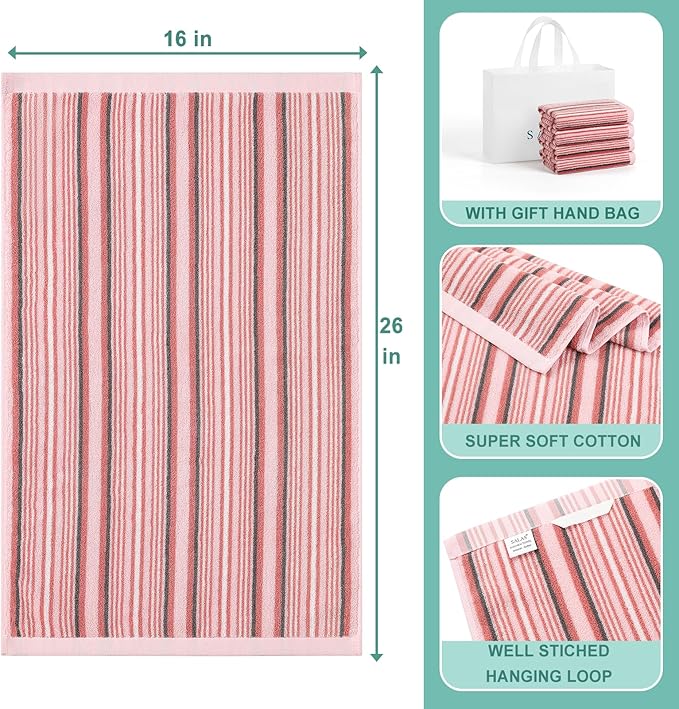 SALAS Premium Cotton Kitchen Dish Towels for Drying Dishes,Large Long Kitchen Hand Towels, Thick Highly Absorbent Dish Clothes Tea Towel Sets with Hanging Loop, 16" X 26", 4 Pcs, Pink
