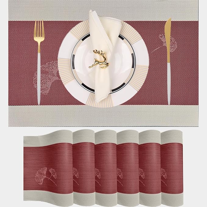 PIGCHCY Rustic Placemats Set of 6, Easy to Clean Placemats Washable Non-Slip Luxurious Durable Table Mats for Home/Dining Room Decoration (Red,18 X 12 inches)