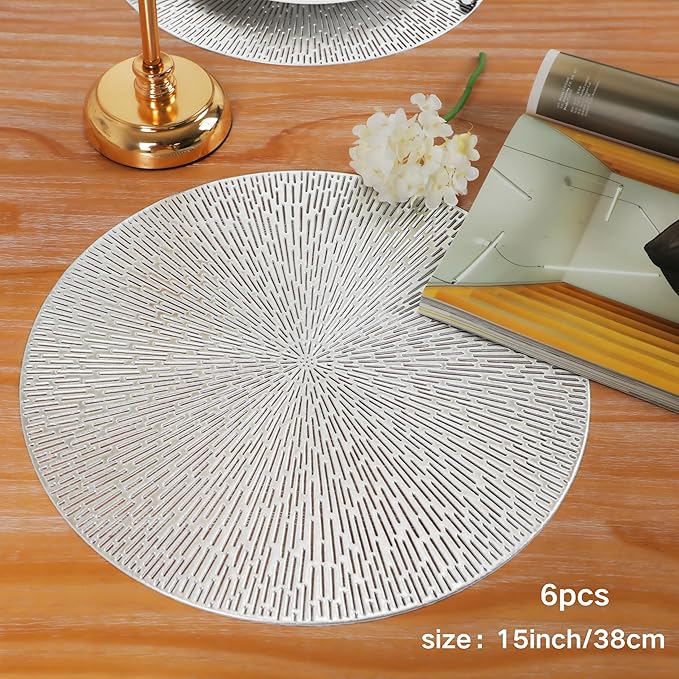 Snowkingdom Silver Round Placemats Set of 6, 15 Inch Metallic Pressed Vinyl Place Mats, Easy Clean Non Slip Heat Resistant Washable PVC Hollow Out Table Mats for Dinner Party Table Decoration
