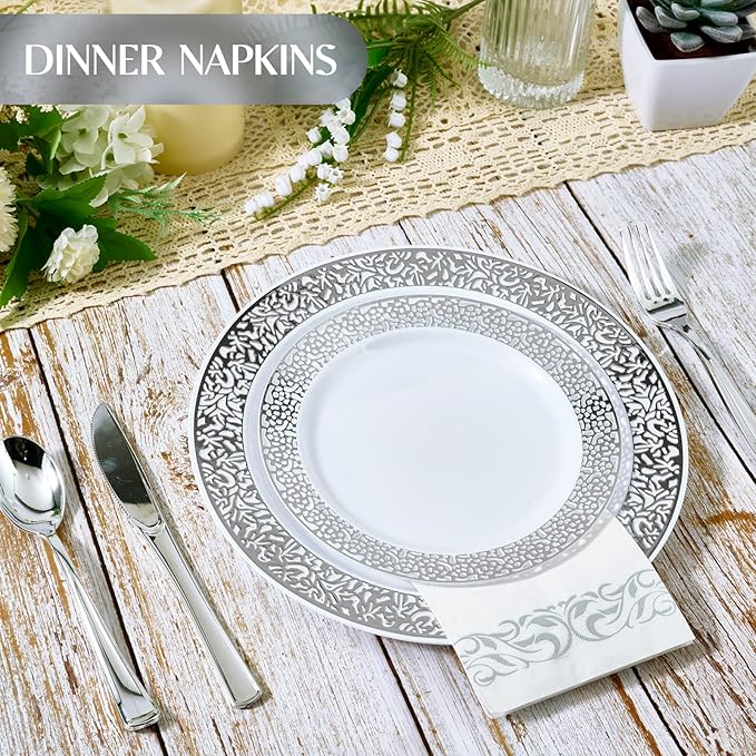 Vplus 400 Pack Paper Napkins Guest Towels Disposable Premium Quality 3-ply Dinner Napkins Disposable Soft, Absorbent, Perfect for Kitchen, Wedding, Parties, Dinners or Events(Silver)