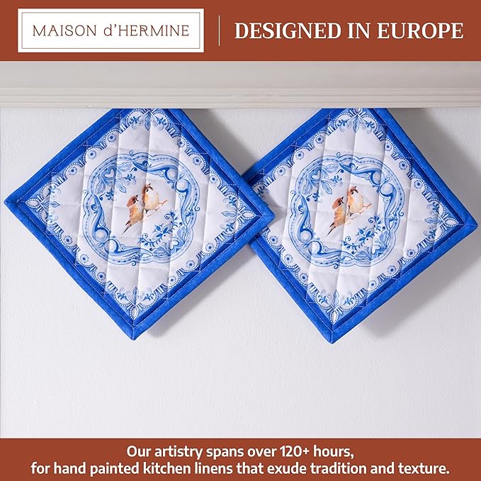 Maison d' Hermine Pot Holders 100% Cotton Heat Resistant Potholders 8" x 8" Hot Pads with Loop Cooking Baking Gifts for Mothers Day Handling Hot Pans Spring/Summer (Pack of 2, Amsterdam Canals)