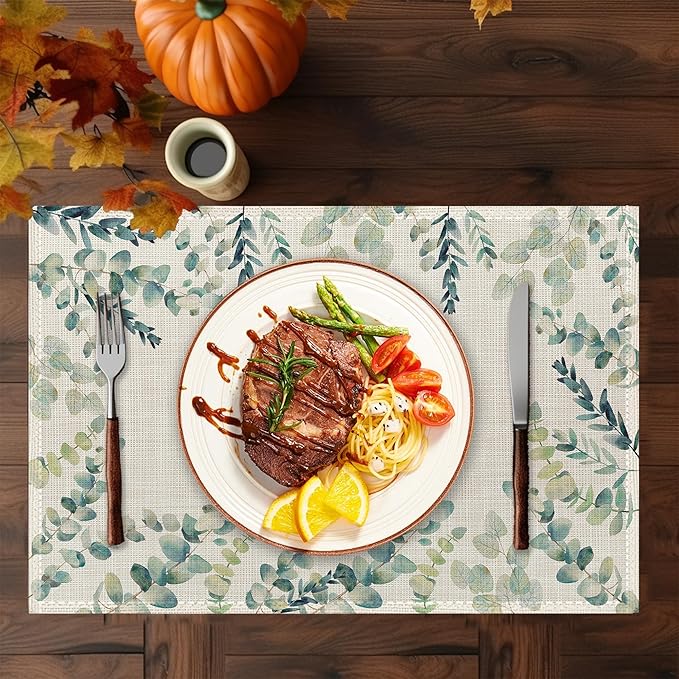 Green Floral Placemats Set of 6 - Botanical Sage Green Table Mats, Washable Heat Resistant for Kitchen Dining, Indoor Home Decor