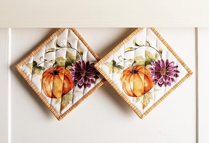 Maison d' Hermine Pot Holders Set 100% Cotton Heat Resistant Potholders 8" x 8" Hot Pads with Loop for Thanksgiving Christmas Decorations Handling Hot Pans (Pack of 2, Pumpkin Garden - Cloudy Cream)