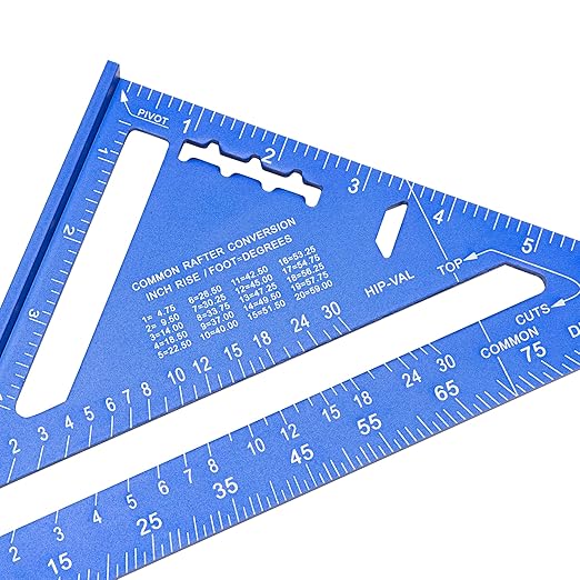 Beslands Carpenter Square 7 inch, Rafter Square Tool Metal Aluminum Alloy for Carpentry Layout Measuring Wood Square Triangle Right Angle 90 Degree Ruler Protractor Blue Imperial, Framing Square