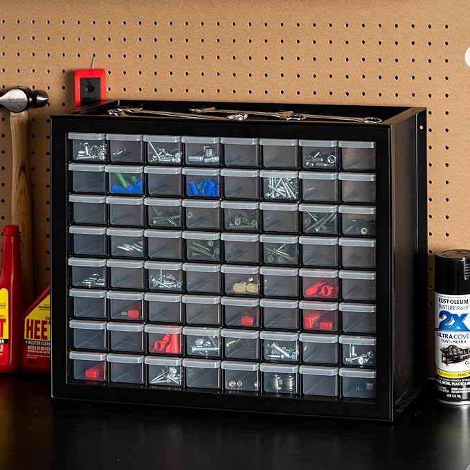 IRIS USA Small Parts Storage Cabinet, Made in USA, 64-Drawer Organizer for Hardware, Screws, Nuts & Bolts, Electronics, Beads, Craft Supplies, Building Bricks, Teacher Toolbox Storage – Black
