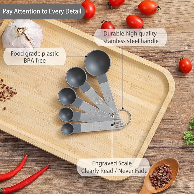 Measuring Cups and Spoons Set of Huygens Kitchen Gadgets 10 Pieces, Stackable Stainless Steel Handle Measuring Cups for Measuring Dry and Liquid Ingredient (Gray)