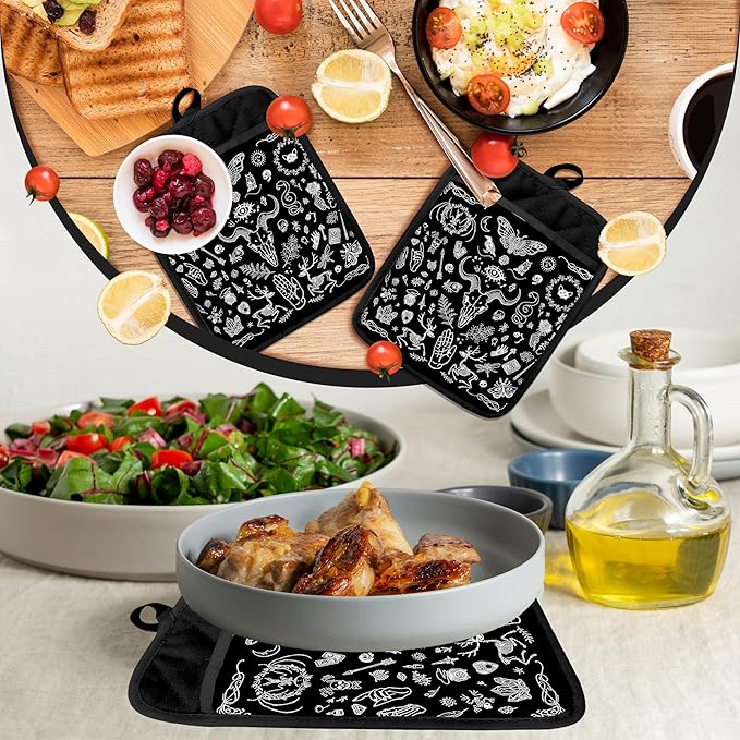 Gothic Witchy Skull Pot Holders with Pockets, Witchy Gifts, Goth Black Pot Holders Heat Resistant Oven Mitts Hot Pads for Kitchen Baking Cooking,Potholders for Kitchens