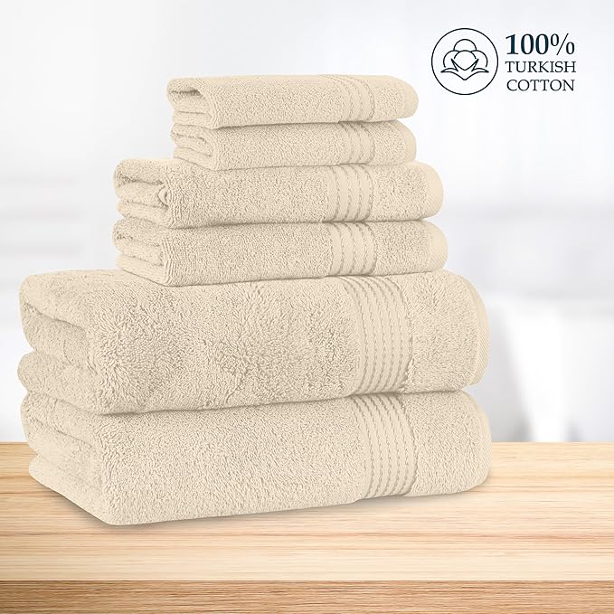 Mocassi Luxury 100% Turkish Cotton 6-Piece Towel Set - Ultra Soft, Quick Dry Highly Absorbent Premium Spa Hotel Quality Bath Towels, Includes 2 Bath Towels, 2 Hand Towels and 2 Washcloths, Ivory