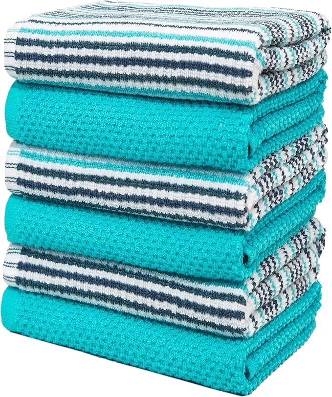Kitchen Towels 16”x 26” - 6 Pack | Large Cotton Kitchen Hand Towels | Dish Towels | Popcorn Stripe Design | 430 GSM Highly Absorbent Tea Towels Set with Hanging Loop | Dish Towels for Kitchen | Aqua