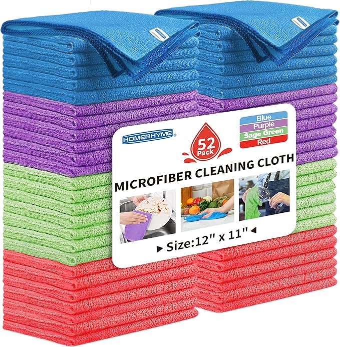 Microfiber Cleaning Cloth, 52 Pack Cleaning Rags,12" X 11" Lint Free Dish Towels Wash Cloths, Reusable Microfiber Towels for Home and Kitchen Bathroom Apartment Cleaning Supplies, Assorted