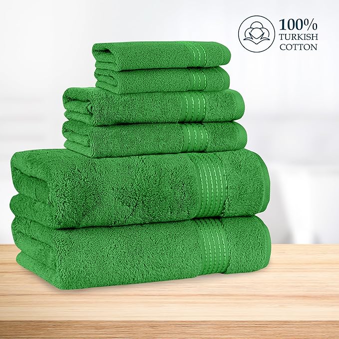 Mocassi Luxury 100% Turkish Cotton 6-Piece Towel Set -Ultra Soft, Quick Dry Highly Absorbent Premium Spa Hotel Quality Bath Towels,Includes 2 Bath Towels, 2 Hand Towels and 2 Washcloths, Emerald Green