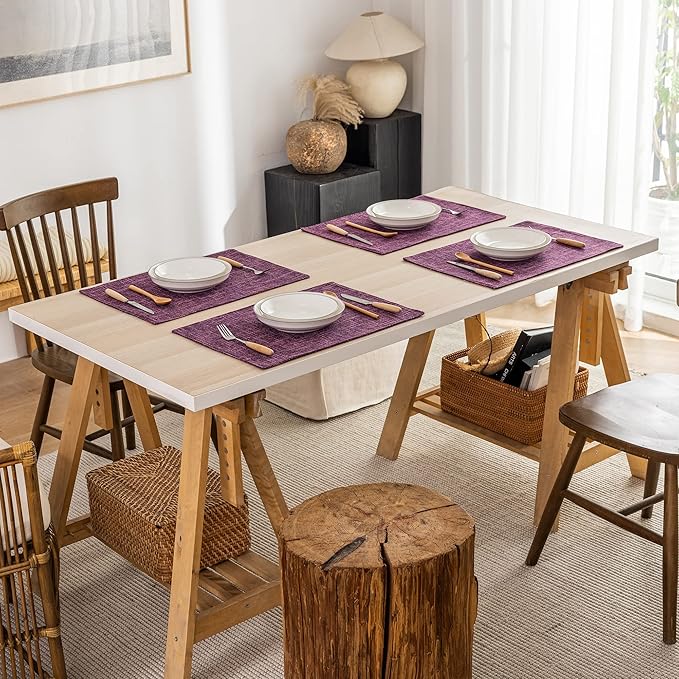 Kevin Textile Burlap Linen Placemats Set of 6 Heat Resistant Dining Table Place Mats Washable Kitchen Table Mats for Dinning Party Holiday Indoor Outdoor, 13 x19 inches, Red Purple