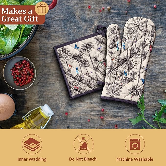 Maison d' Hermine Oven Gloves 100% Cotton Oven Mitt 7" x 13" with Loop Heat Resistant BBQ Cooking Gloves for Thanksgiving Christmas Decorations Baking Handling Hot Pans (Pack of 1, Amazonia)