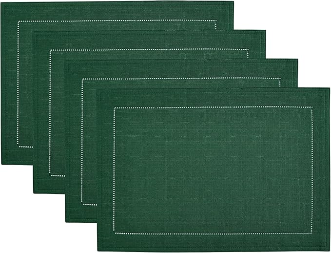 Elrene Home Fashions Alison Eyelet Border Design Cloth Wrinkle Resistant Fabric Placemat, Set of 4, 13"x19", Forest