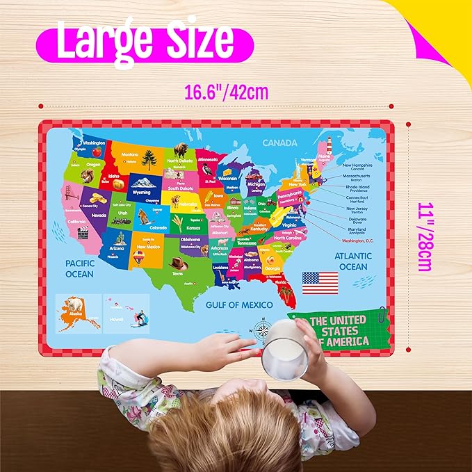 6 Pack Placemats for Kids, Non-Slip Washable, Reusable Alphabet, Number, Shape & Color, Universe, Map, Different Themed Educational Table Mats for Home, Kindergarten, Classroom, Nursery