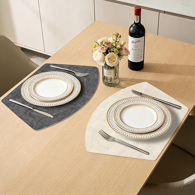 Round Table Placemats Set of 4, Dual-Sided Wedge Shape Faux Leather Table Mats, Washable Wipeable Heat Resistant Place Mats for Outdoor Indoor, Beige Gray