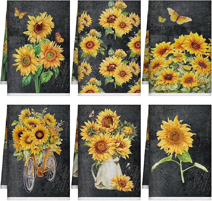 Bencailor 6 Pcs Black Sunflower Kitchen Towels Decorative Sets Dish Towels Absorbent Fast Drying Hand Tea Vintage Hanging Reusable Cleaning Dishcloths for Cooking Farmhouse Bathroom Accessory