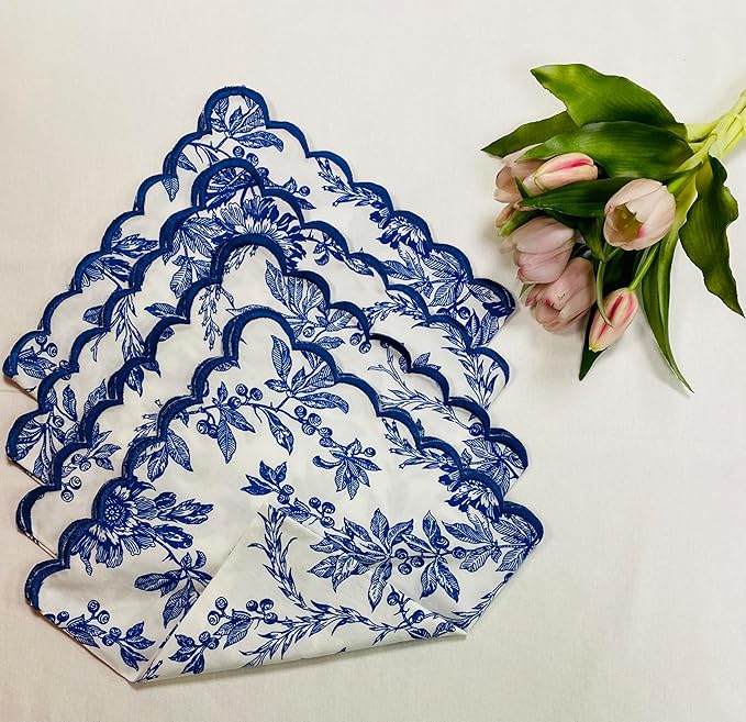 Ridhi Hand Block Print Incremental Blue 18" x 18" (Set of 4) Embroidery Table Napkins Reusable Cotton Dinner Napkins for Weddings, Parties, Everyday Dining Gift for Spring, Easter, Valentine